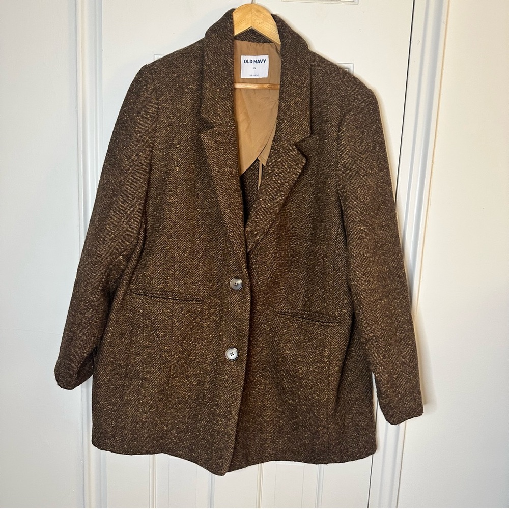 Old Navy Tweed Herringbone Wool Blend Blazer Jacket Dark Academia Career XL